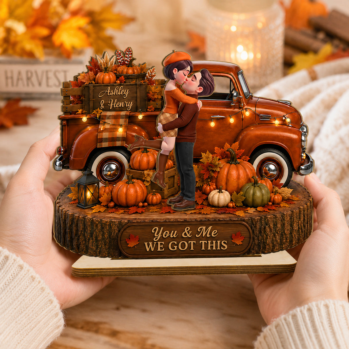 Fall Season Couple Pickup Truck - Personalized 2-Layered Wooden Plaque - Fall Season Decor Gift, Gift For Couple