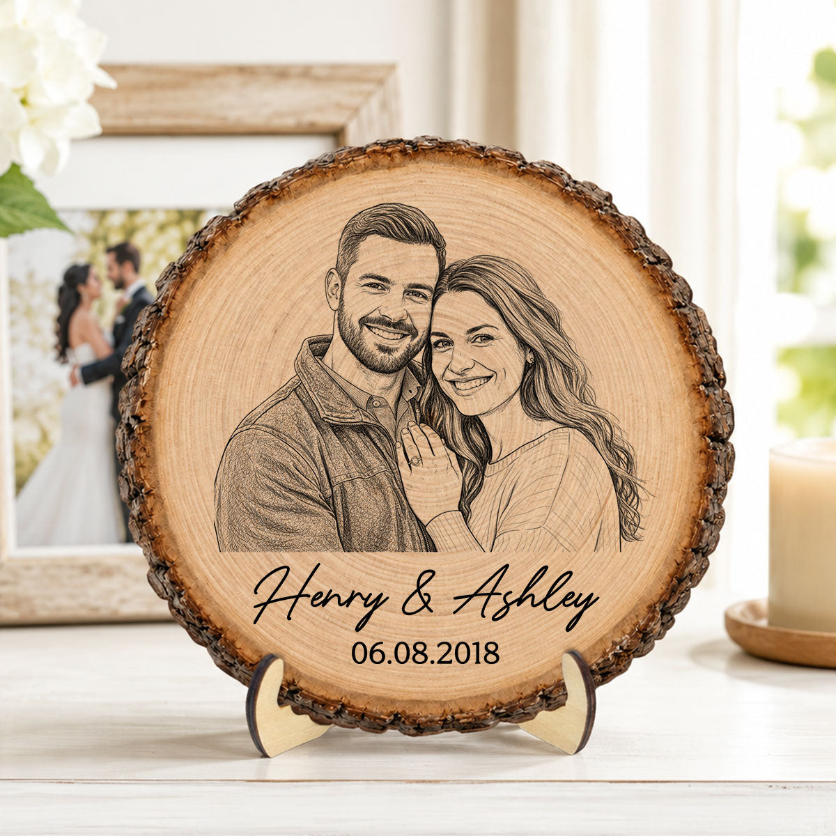Sketch Style Couple Forever Love Custom Photo - Personalized 2-Layered Wooden Plaque - Anniversary Gift, Wedding Gift For Couple
