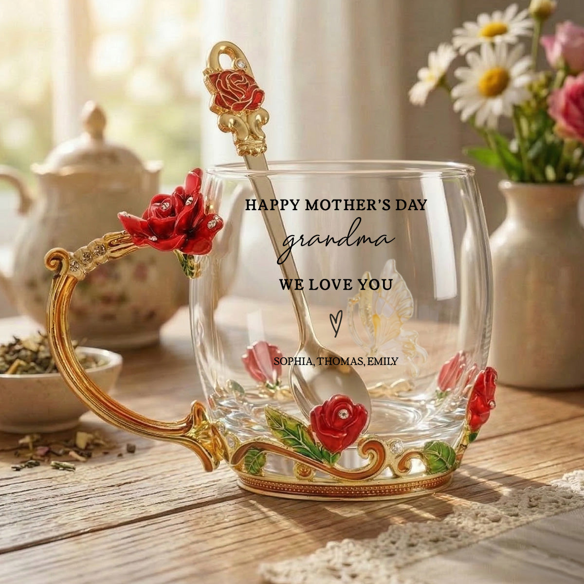 Good Morning Happy Mother's Day Grandma Mom - Personalized Enamel Flower Tea Cup - Gift For Grandma, Mom