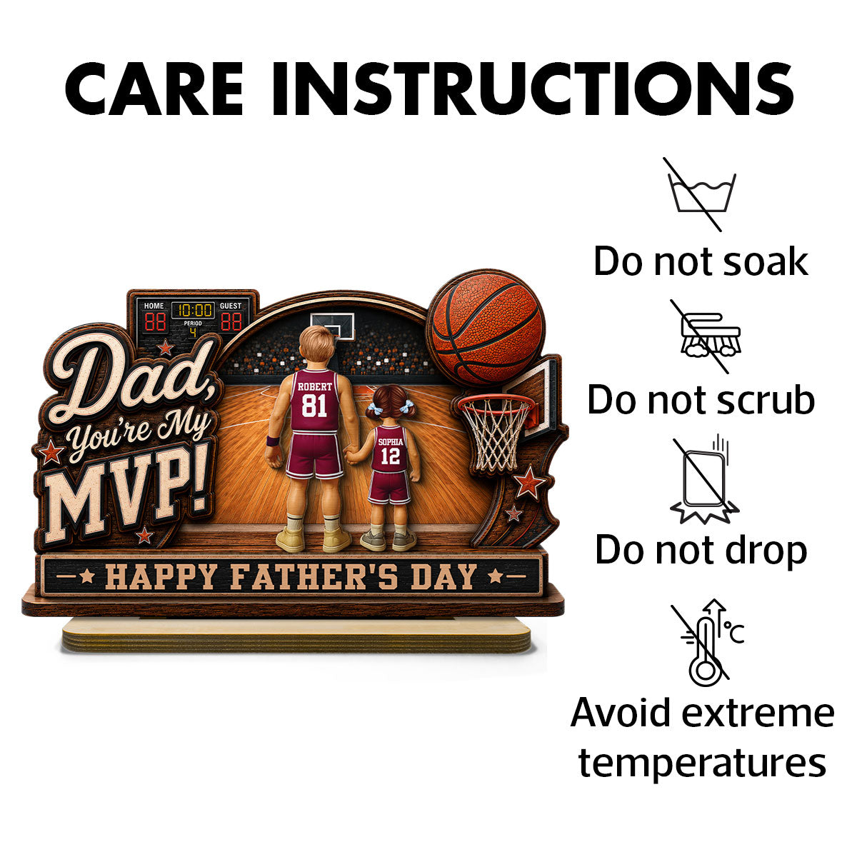 Dad You Are Our MVP Standing Basketball Man & Kids 2D Flat - Personalized 2-Layered Wooden Plaque -  Gift For Basketball Dad