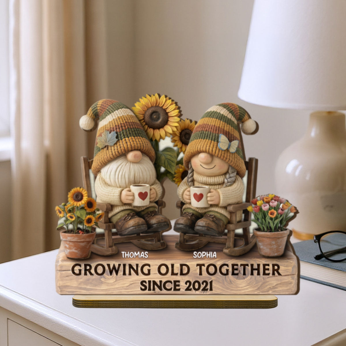 3D Effect Gnome Couple Grow Old Together - Personalized 2-Layered Wooden Plaque - Perfect Valentine's Day Gift For Him, Gift For Her