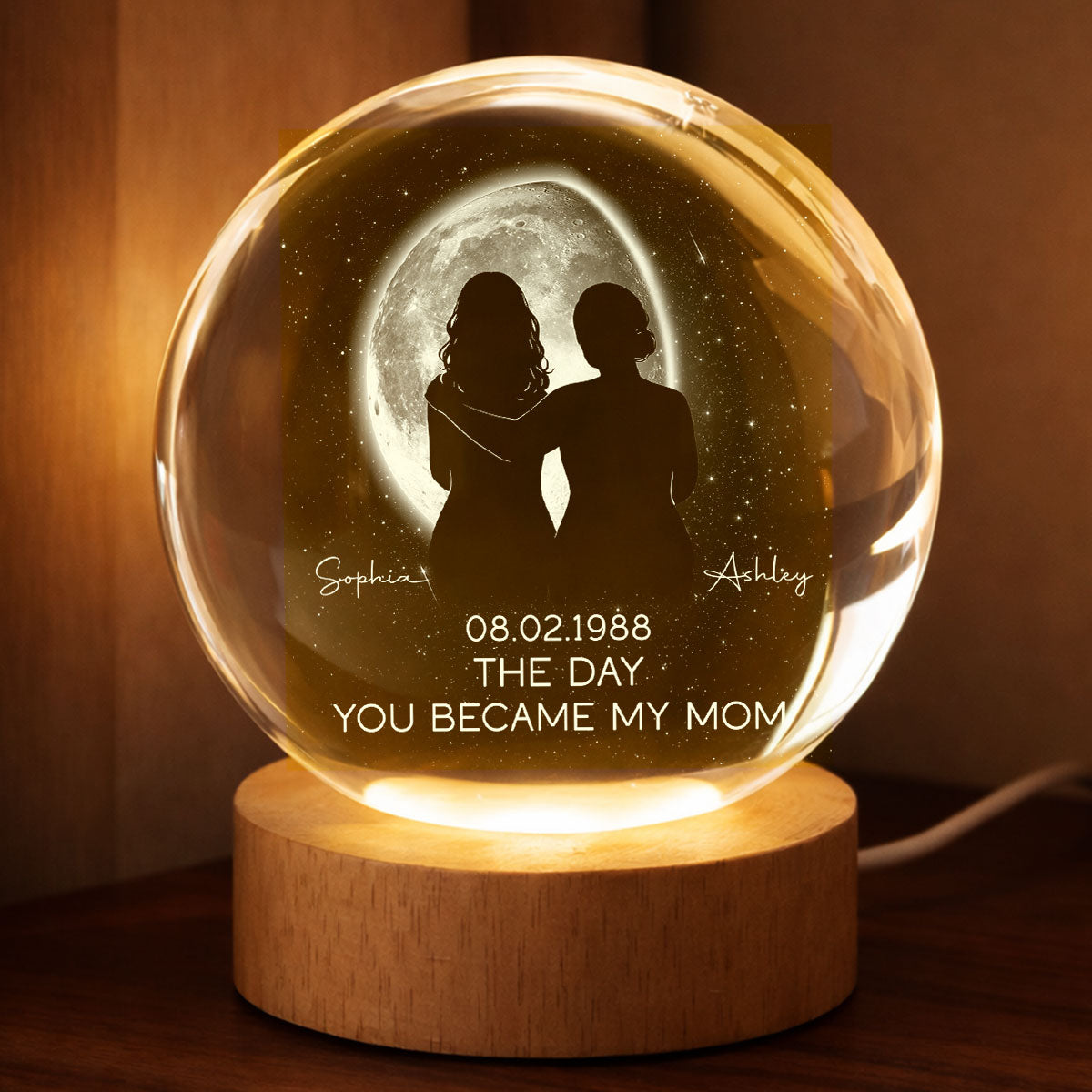 The Day You Became My Mom, Custom Moon Phase by Date - Personalized Crystal Ball LED Night Light - Heartfelt Mother's Day Gift for Mom, Wife