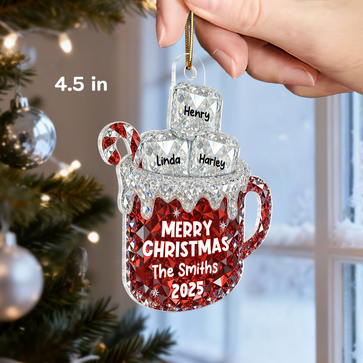 3D Crystal Effect Christmas Hot Cocoa Marshmallows Family Names - Personalized Acrylic Ornament