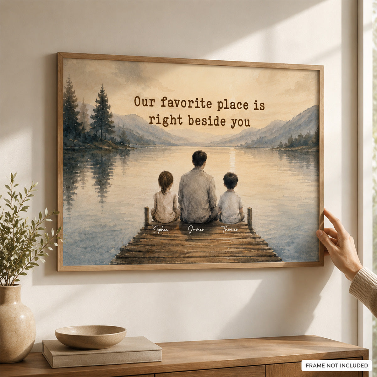 Peaceful Lakeside Dad And Kids Watercolor Style - Personalized Poster