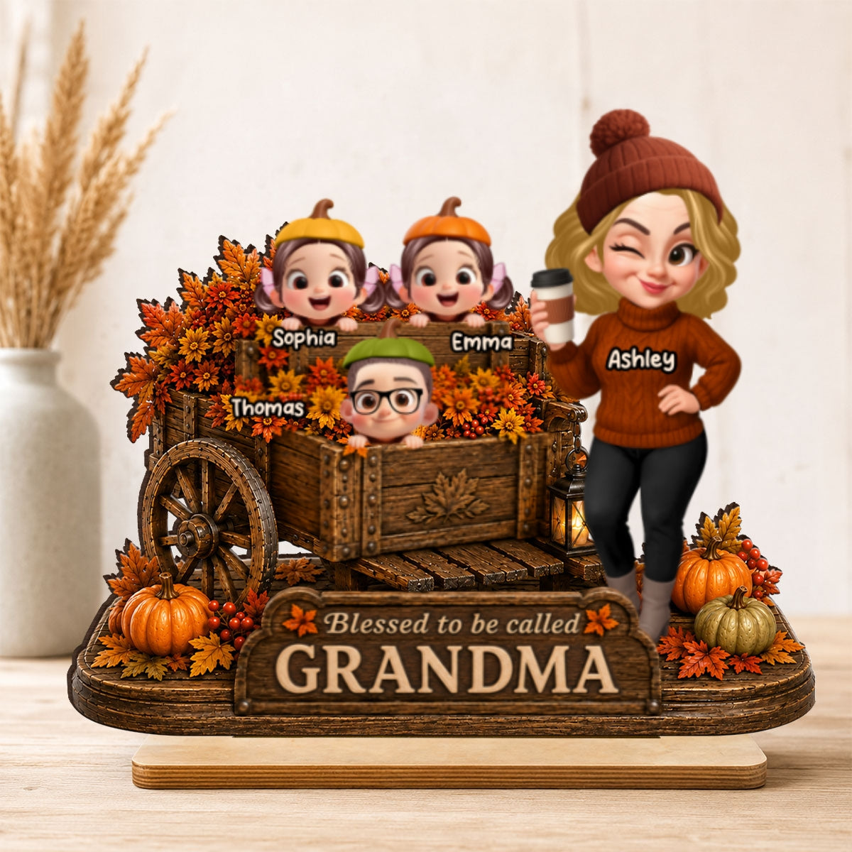 Blessed to Be Called Grandma - Personalized 2-Layered Wooden Plaque - Fall Decor for Grandma