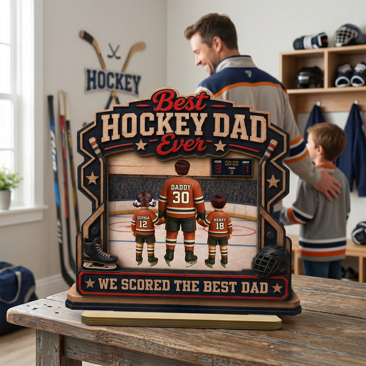 We Scored The Best Dad Hockey Dad & Kids - Personalized 2-Layered Wooden Plaque -  Gift For Hockey Dad
