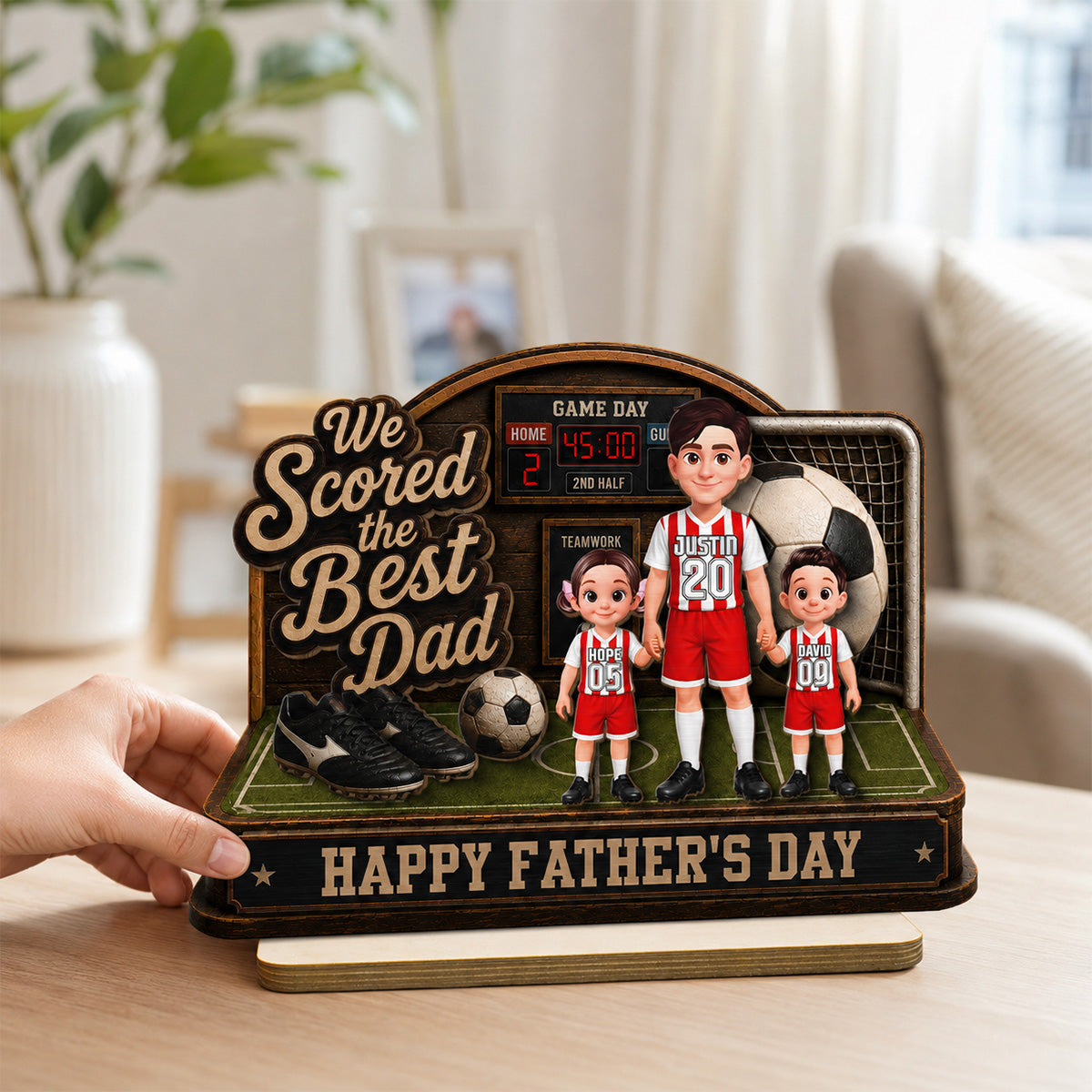 Soccer Dad & Kids On Court 2D Flat - Personalized 2-Layered Wooden Plaque -  Gift For Soccer Dad, UK Football Dad