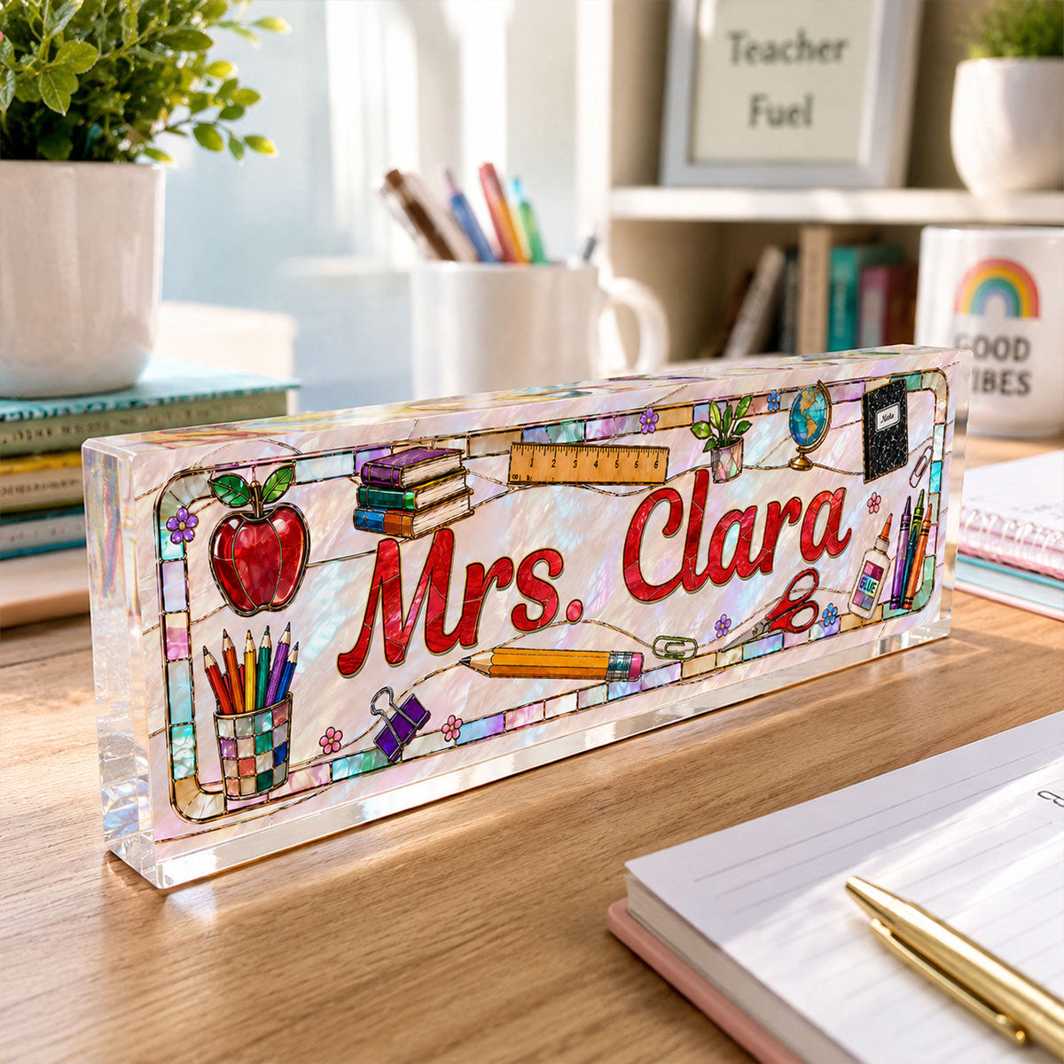 Teacher Name Faux Stained Glass - Personalized Acrylic Desk Name Plate – Classroom Desk Decor