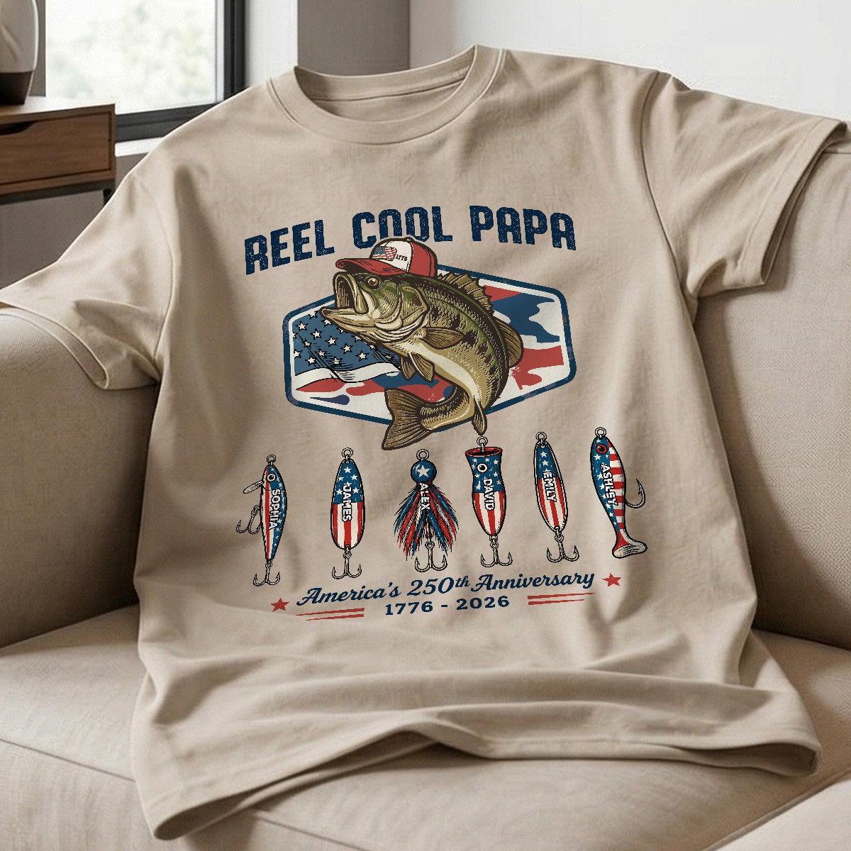Reel Cool Dad Grandpa Custom Kid Names - Personalized Shirt - American 250th Anniversary Gift For Patriotics