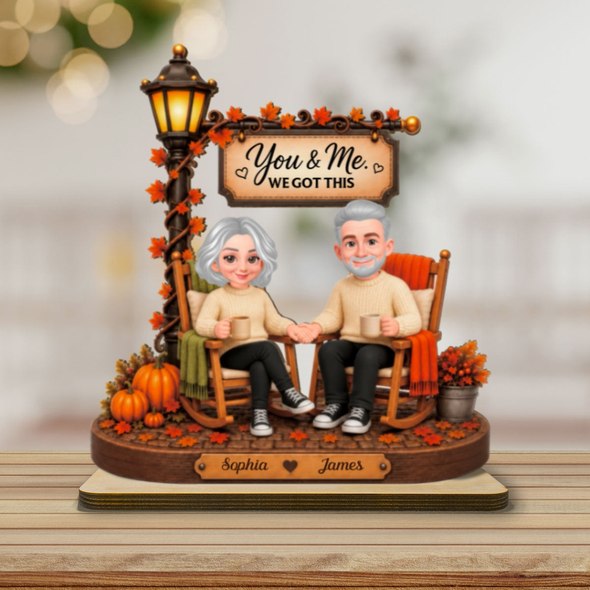Couple Sitting Under Lamp Post 2D Flat - Personalized Wooden Plaque - Fall Season Decoration
