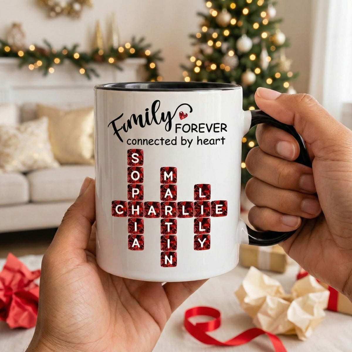 Family Forever Connected by Heart 3D Crystal Crossword - Personalized Mug - Sentimental Gift for for Loved Ones
