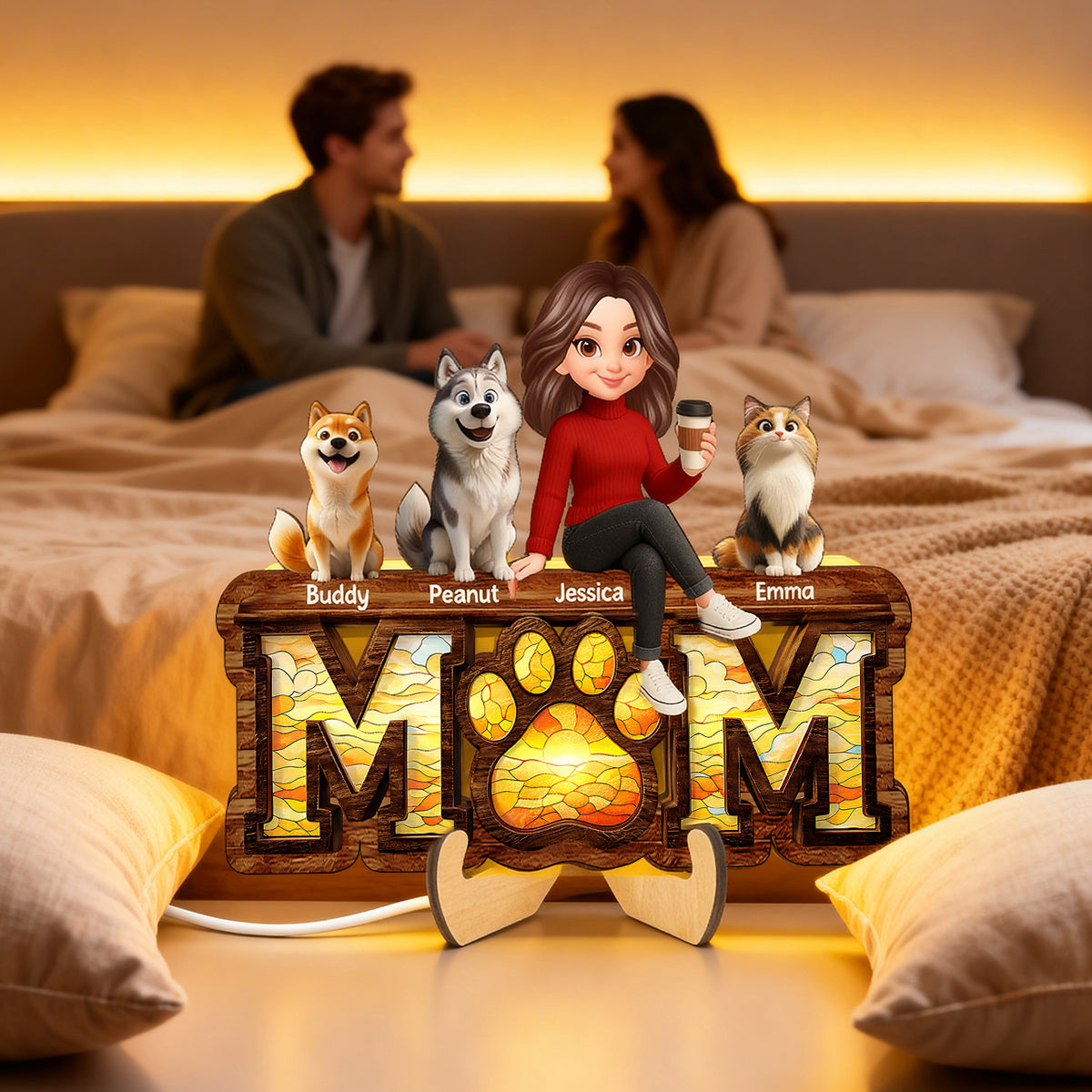 Mom And Dog Cat Paw Sign - Personalized Wooden Frame With LED - Heartfelt Gift For Dog Mom, Cat Mom