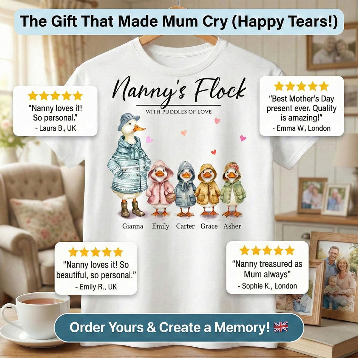 Nanny's Flock Gift For Grandma Nana Grammy Cute Watercolor Ducks Personalised Shirt, Mother's Day Gift