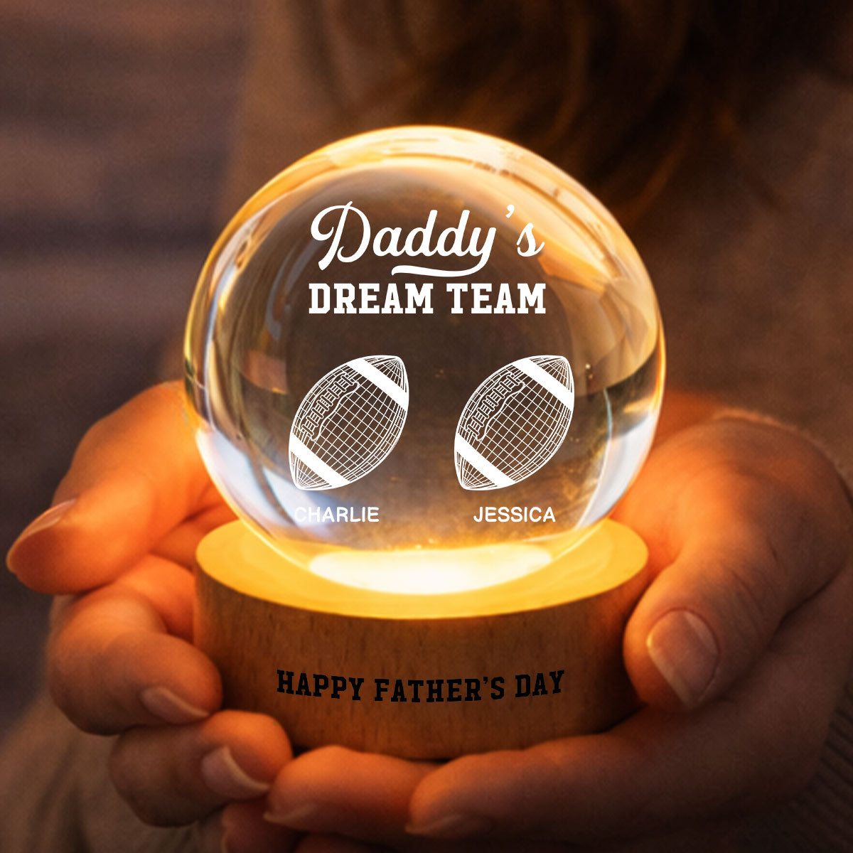 American Football Daddy's Dream Team Illusion Style - Personalized Crystal Ball LED Night Light -  Gift For Dad, Husband