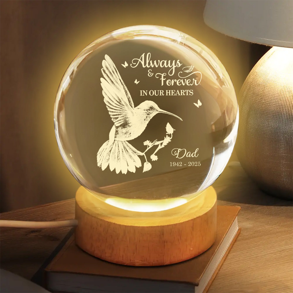 Always With You Hummingbird - Personalized Crystal Ball LED Night Light - Memorial Remembrance Keepsake