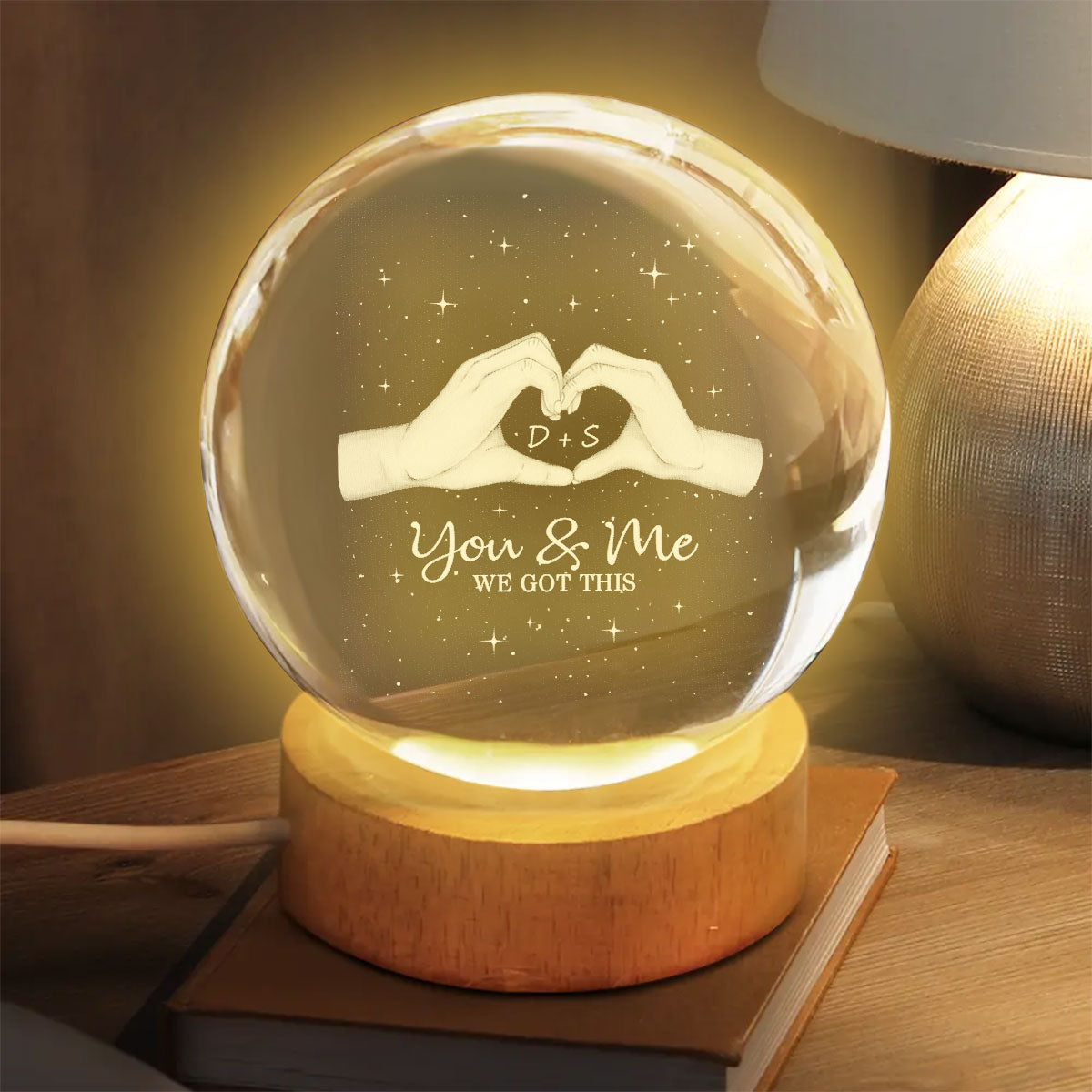 Hearts Hands Couple Initials - Personalized Crystal Ball LED Night Light - Valentine's Day Gift For Couple