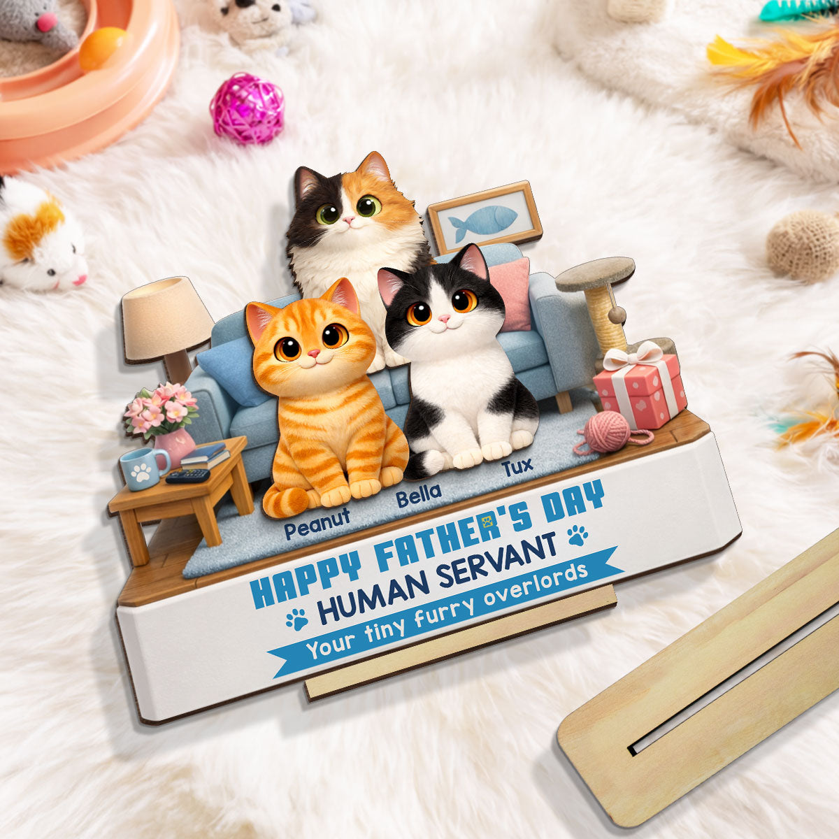 Cat Dad Cute Fluffy Cats Happy  Human Servant - Personalized 2-Layered Wooden Plaque - Funny  Gift For Cat Dad, Cat Lovers
