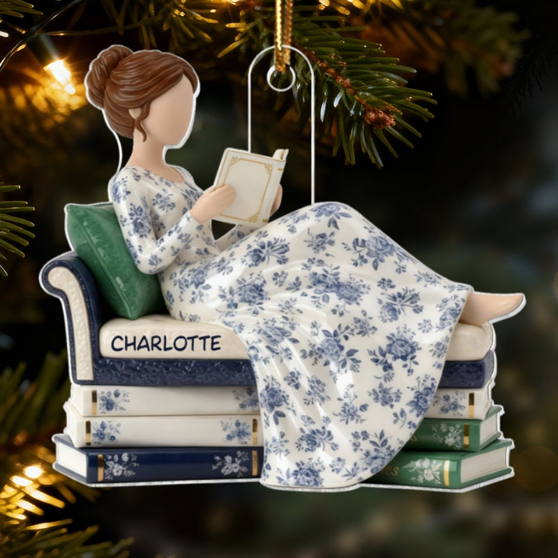 3D Effect Girl Reading Books On Sofa Toile De Jouy Pattern - Personalized Acrylic Ornament - Christmas Gift For Book Lover, Bookworm