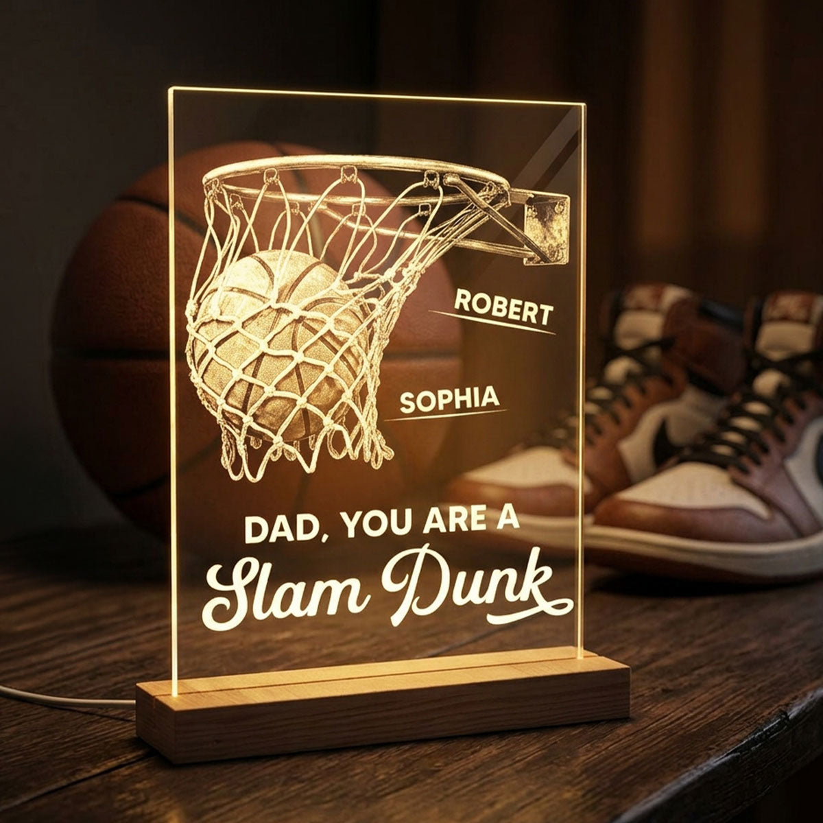 We Dunked Right Into Our Heart - Personalized Acrylic Plaque LED Night Light - Father's Day Gift For Basketball Dad