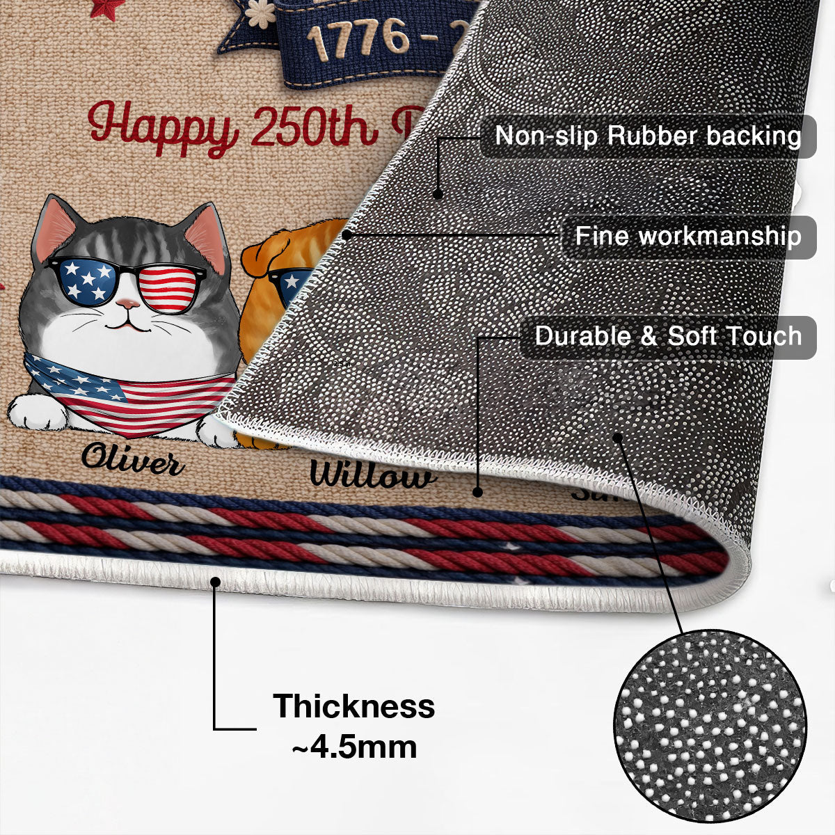 USA 250th Birthday Patriotic Flag Cat Faux Yarn Pattern - Personalized Doormat - Gift For Cat Lovers