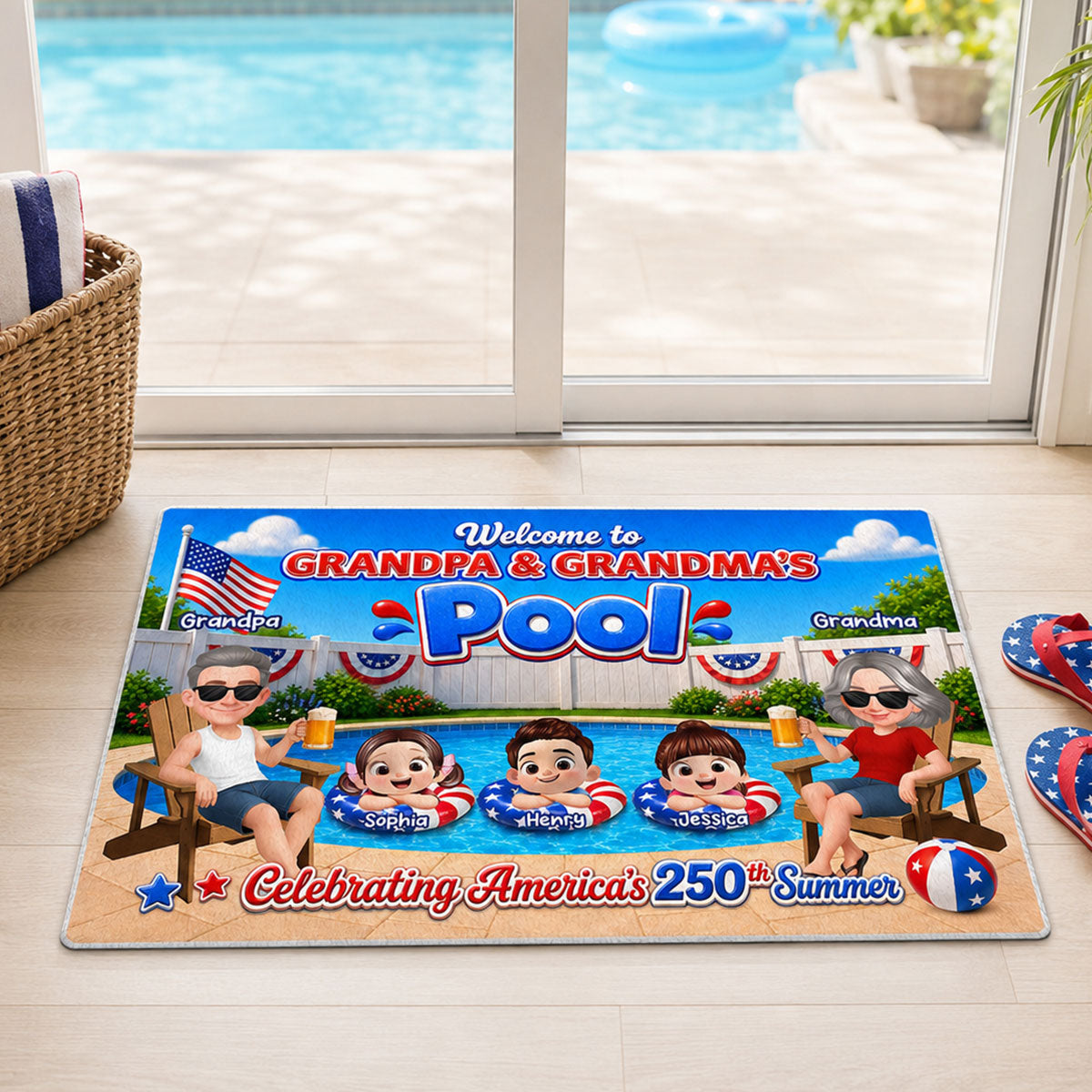 Welcome To Grandma Grandpa Pool America 250th Anniversary - Personalized Doormat - Gift For Grandparents, Summer Decoration