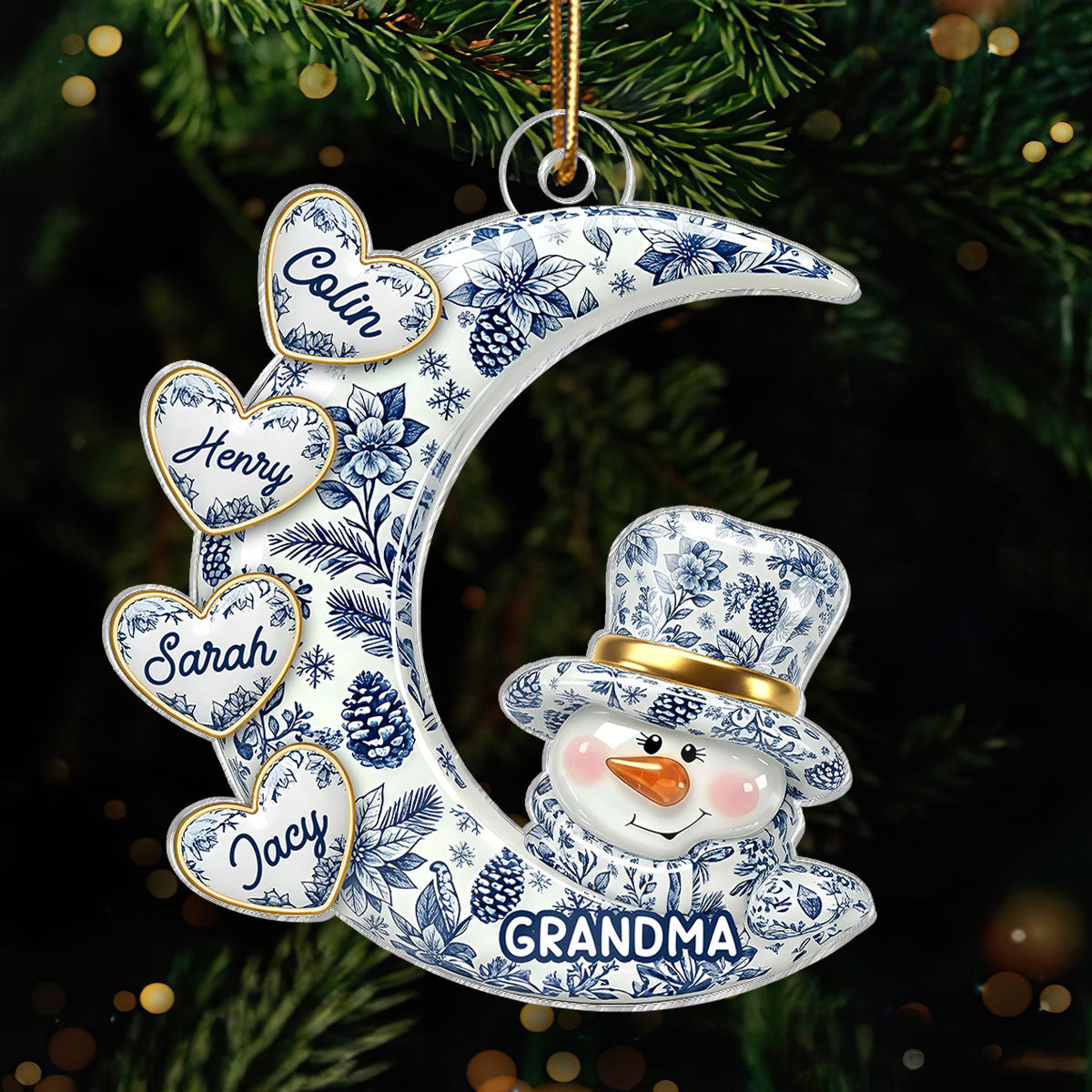 3D Effect Timeless Vintage Toile De Jouy Grandma Snowman Hearts Moon - Personalized Acrylic Ornament - Gift For Grandparents