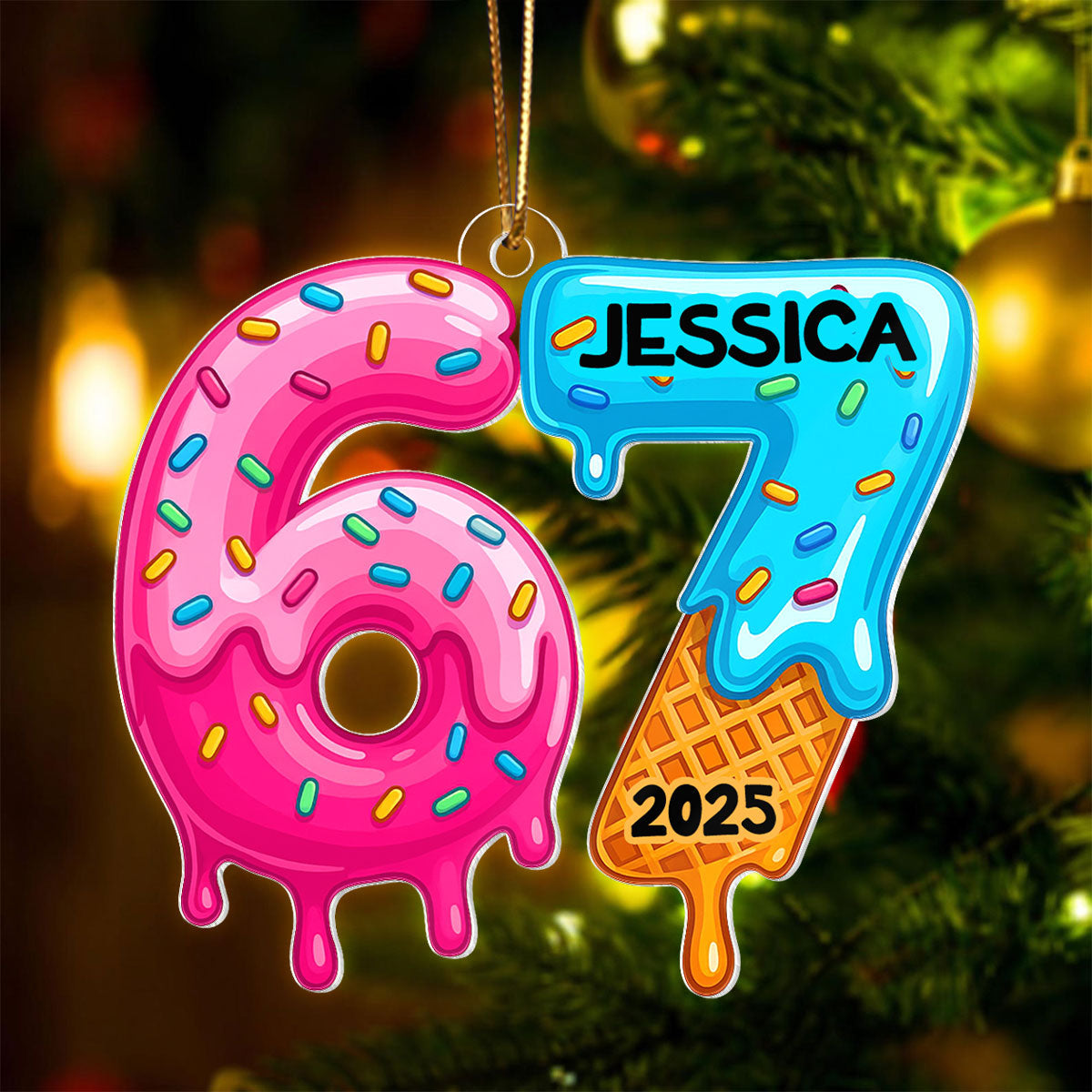 Custom Six Seven Christmas Cake Pattern - Personalized Acrylic Ornament - Teen Slang Funny Tree Decor, Funny Teen Grandkid Gift