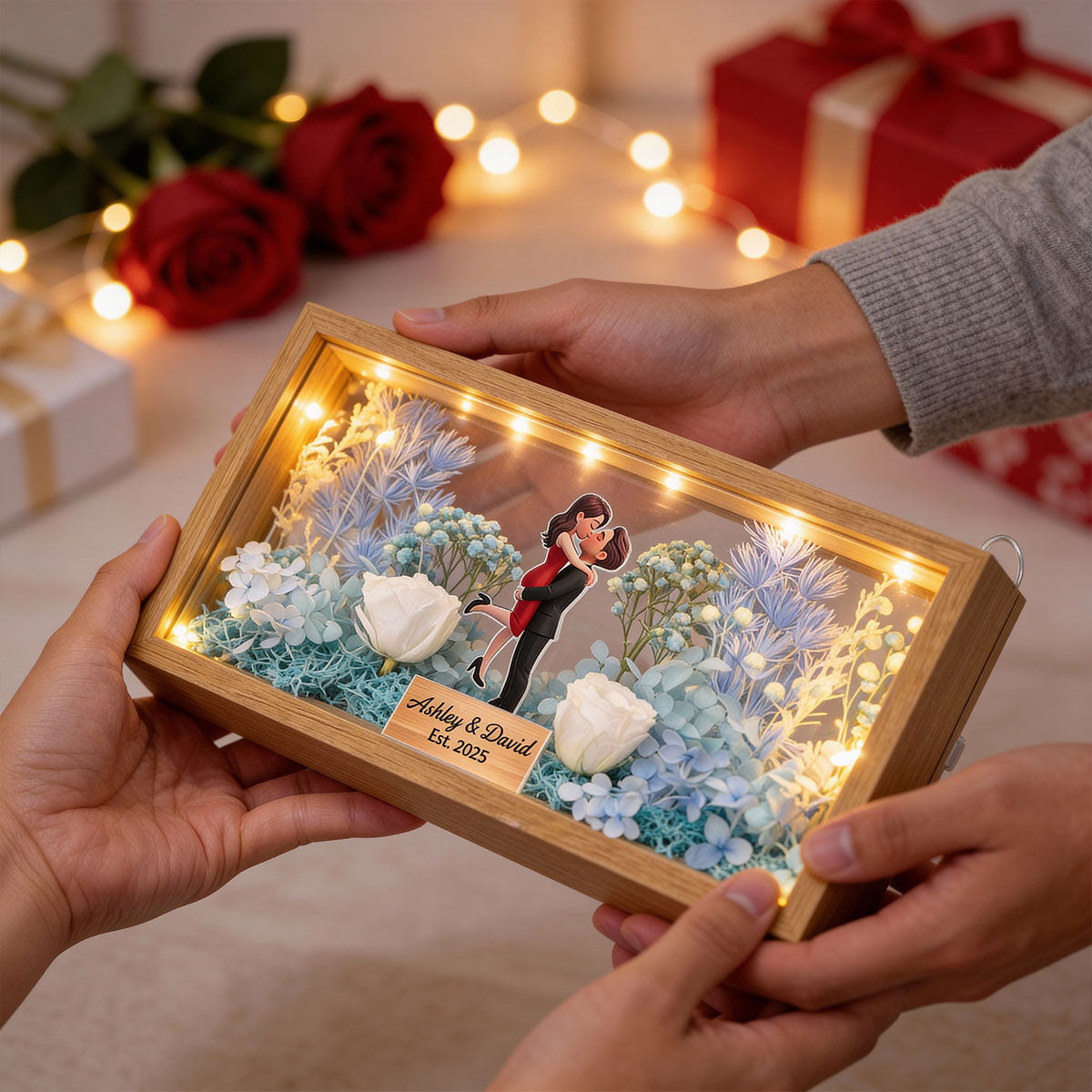 Romantic Couple Hugging Kissing - Personalized DIY Flower Shadow Box LED Night Light - Gift For Couple, For Him, For Her