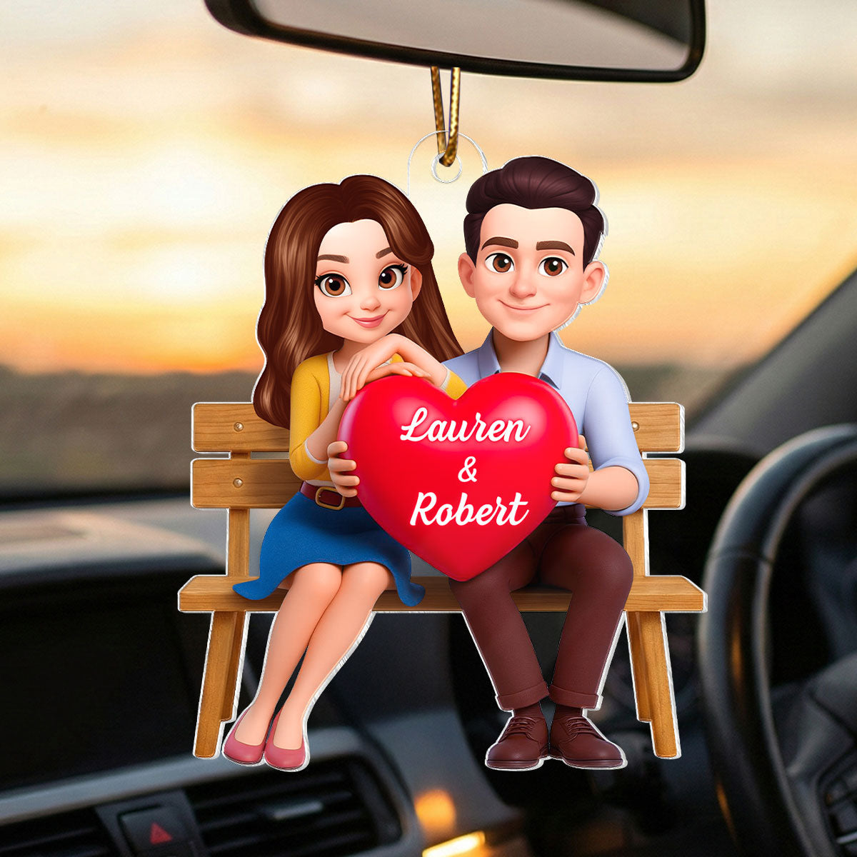 3D Couple with Red Heart - Personalized Car Hanger - Gift for Her, for Him