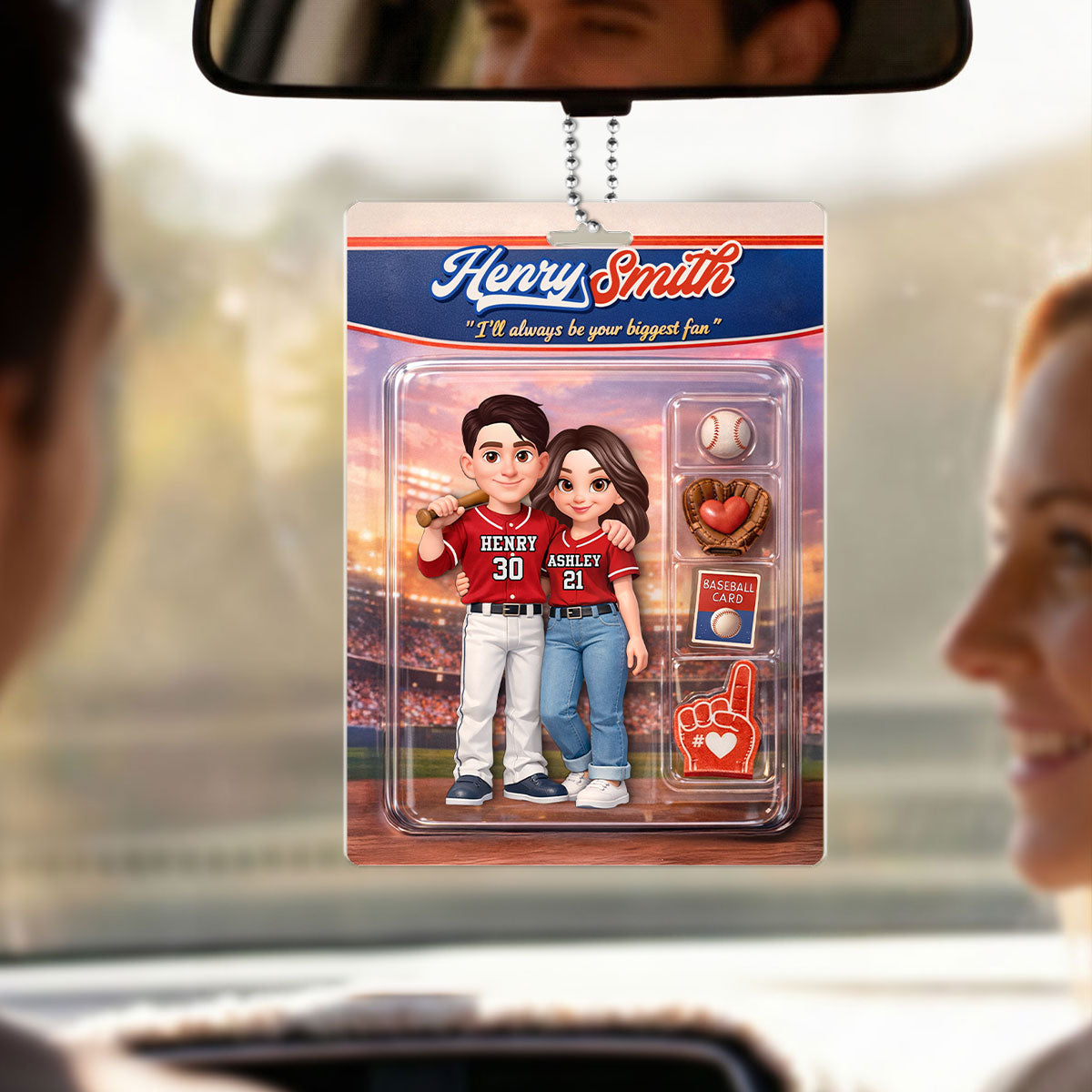 Baseball Couple I'll Always Be Your Biggest Fan Custom Action Figure - Personalized Acrylic Car Hanger - Sentimental Gift for Him