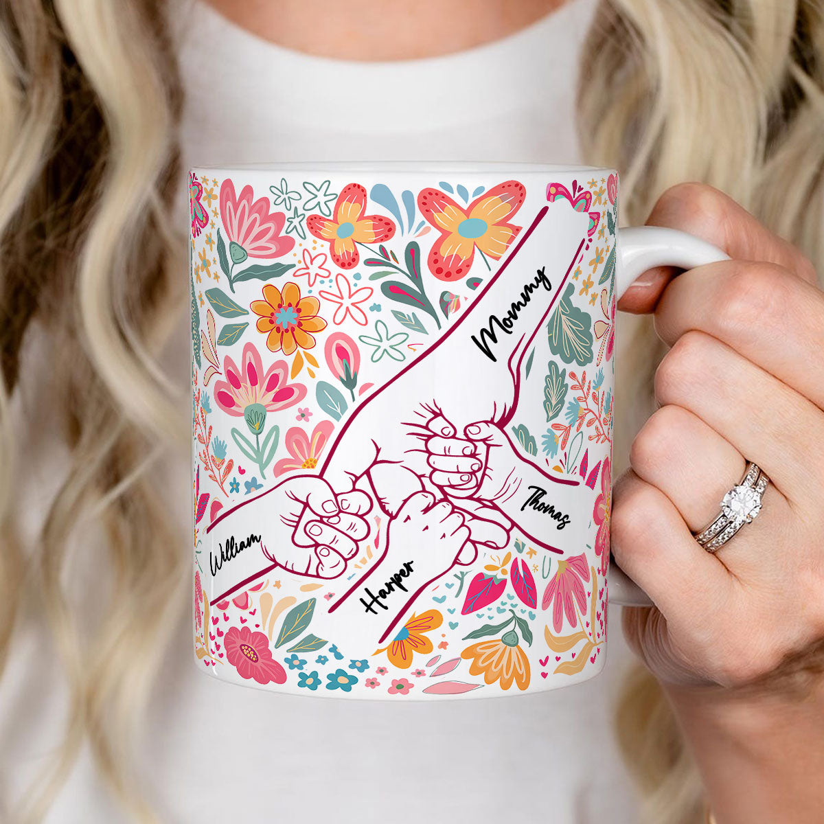 Kids Holding Hand Outline Floral Boho - Personalized Mug - Mother's Day Gift For Mom Grandma