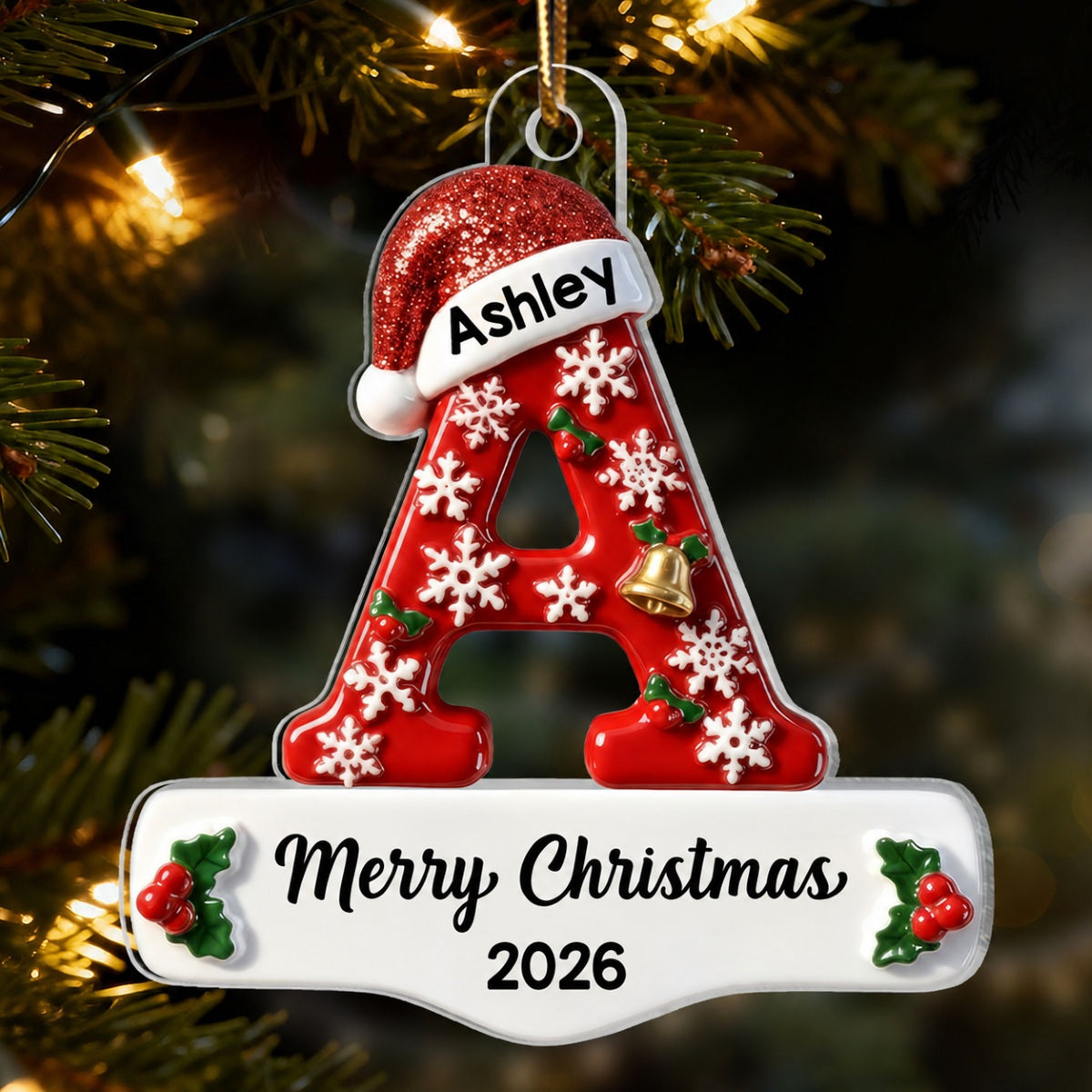 3D Effect Christmas Festive Initial Name - Personalized Acrylic Ornament