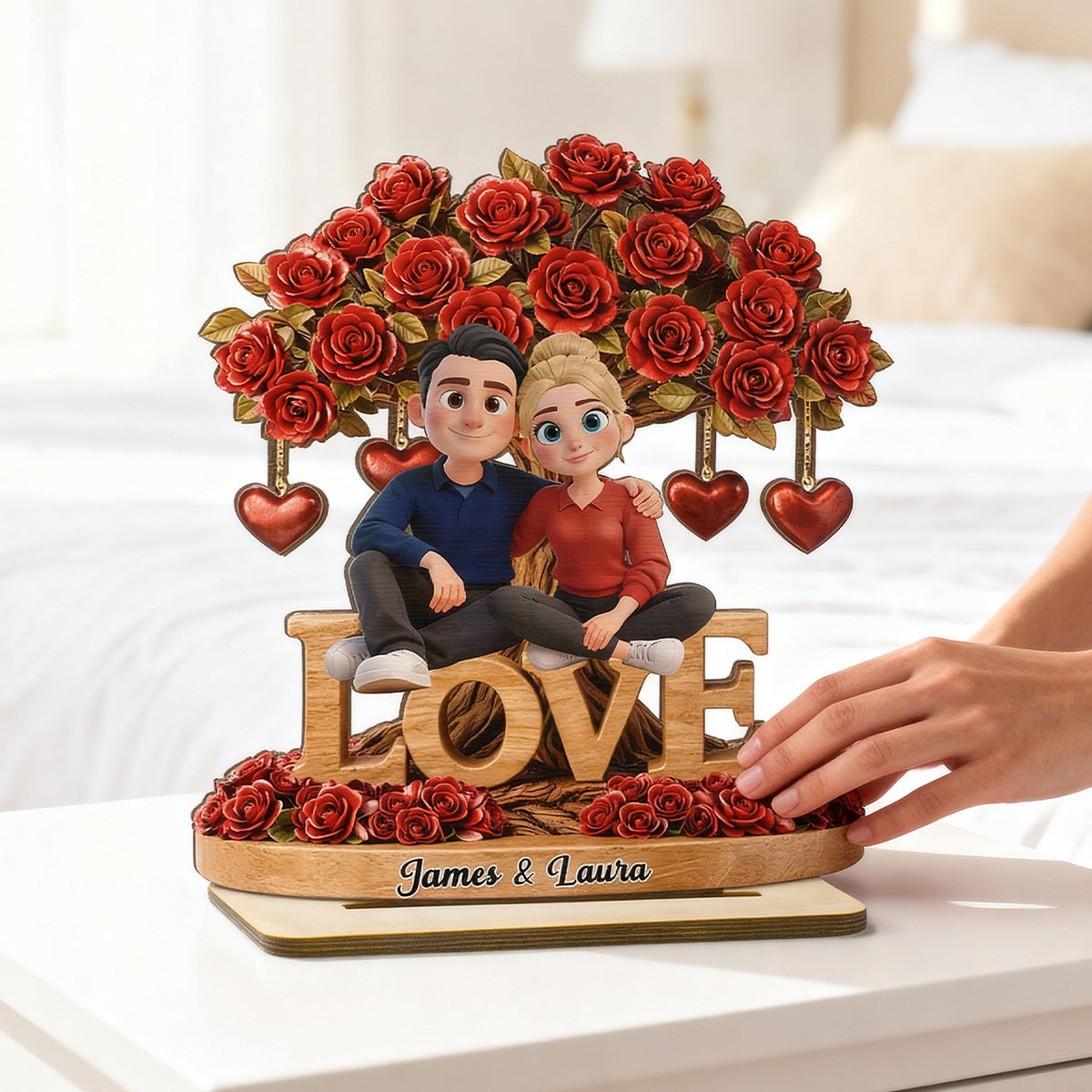 Couple Love Rose Tree Valentine's Day - Personalized 2-Layered Wooden Plaque - Sentimental Gift for Her, for Him