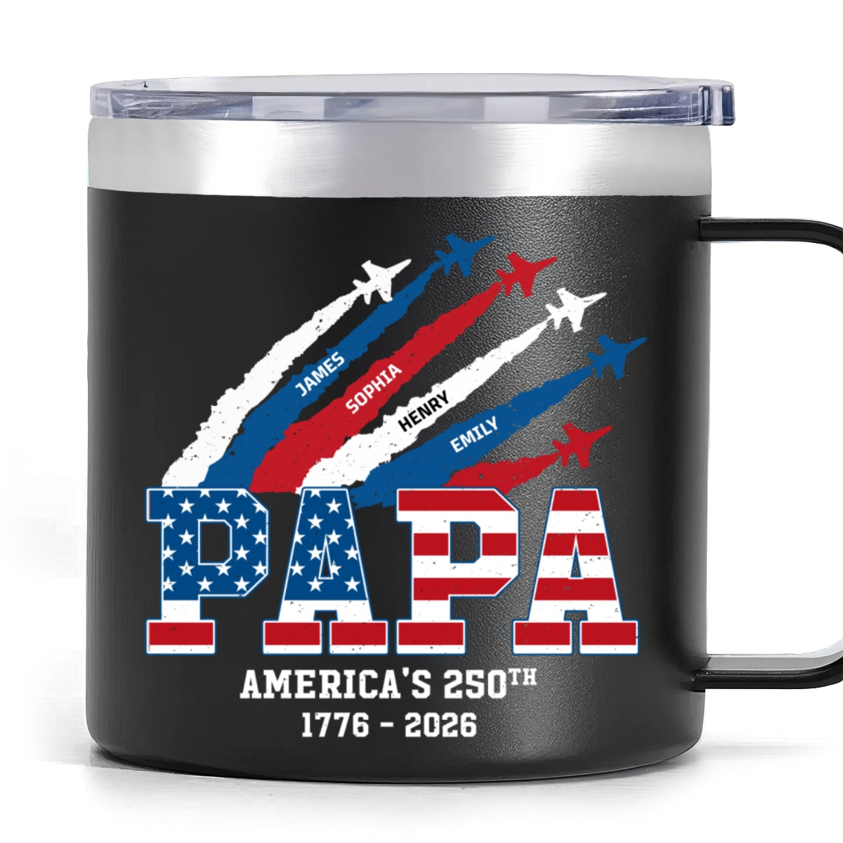 Proud Dad Grandpa Nation Flag American 250th Anniversary - Personalized Tumbler With Handle - Father's Day Gift For Patriotic Dad, Grandpa