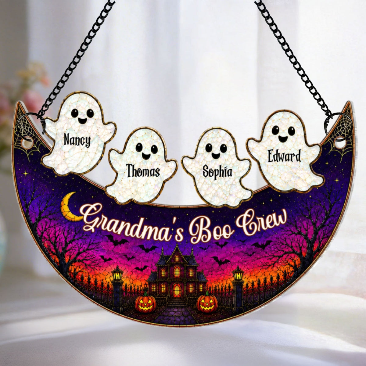 Grandma Boo Crew On Moon - Personalized Acrylic Window Hanging Decor - Halloween Decoration