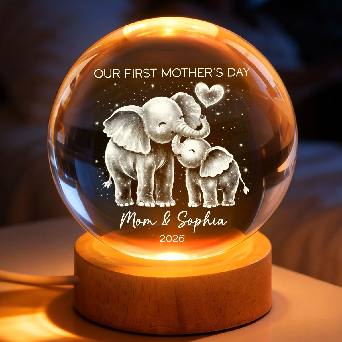 Elephant Mom And Baby Our First Mother's Day - Personalized Crystal Ball LED Night Light - First Mother's Day Gift For New Mom