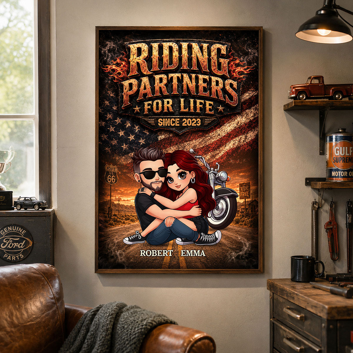 Bikers Couple Riding Partners for Life Nation Flag - Personalized Poster - Gift for Him, for Her