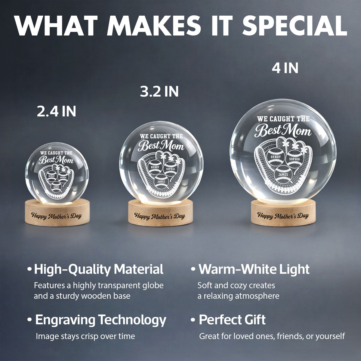 Baseball We Caught The Best Mom Illusion - Personalized Crystal Ball LED Night Light - Mother's Day Gift For Mom, Wife