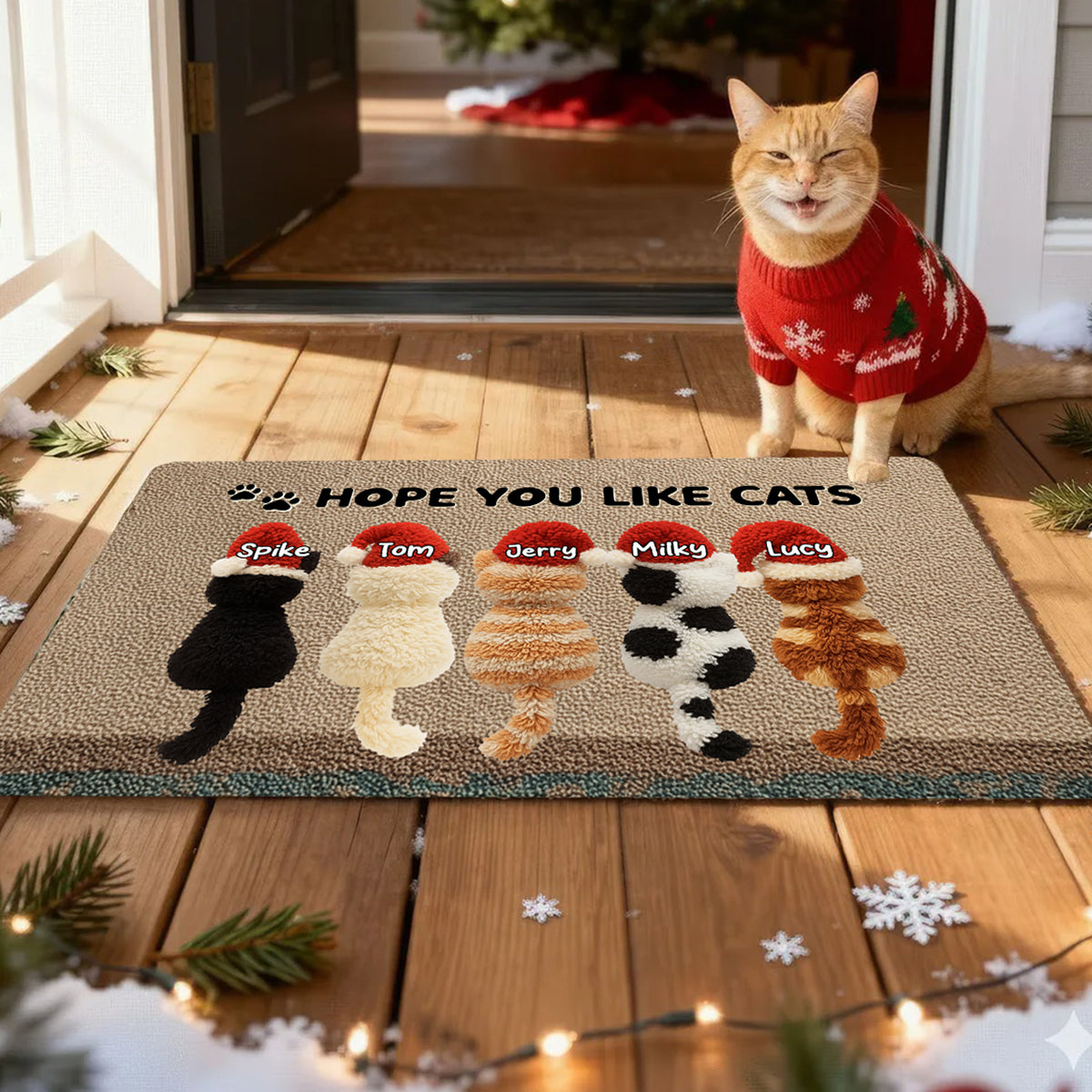 Meowy Fluffymas Funny Cats Latch Hook Yarn Faux - Personalized Doormat - Christmas Decor for Pet Lovers