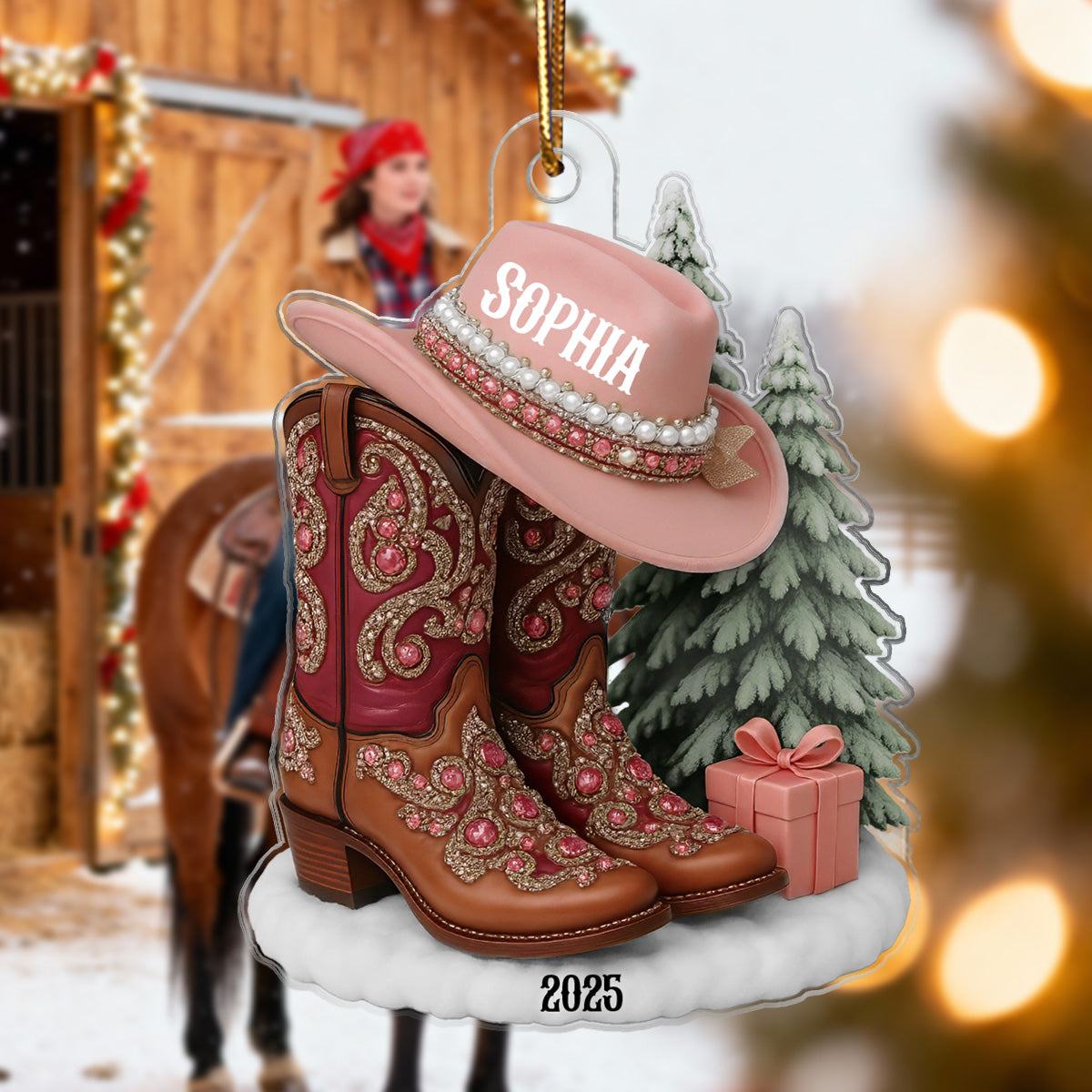 3D Effect Boots And Hat Cowgirl Name - Personalized Acrylic Ornament