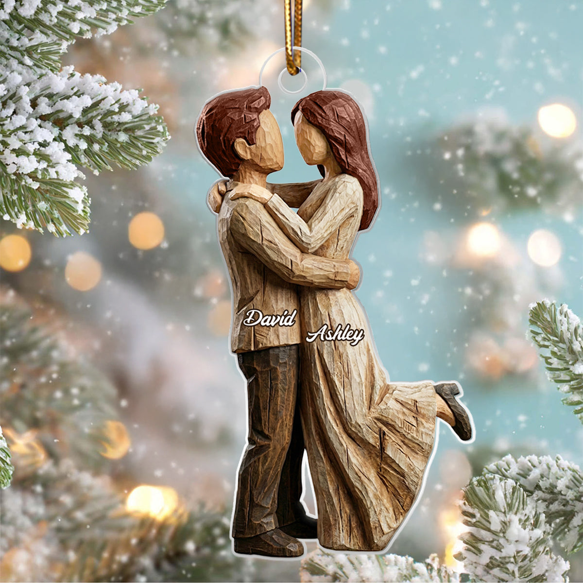 Couple Hugging Faux Wood - Personalized Acrylic Ornament - Heartwarming Christmas Gift For Him, For Her, For Couple