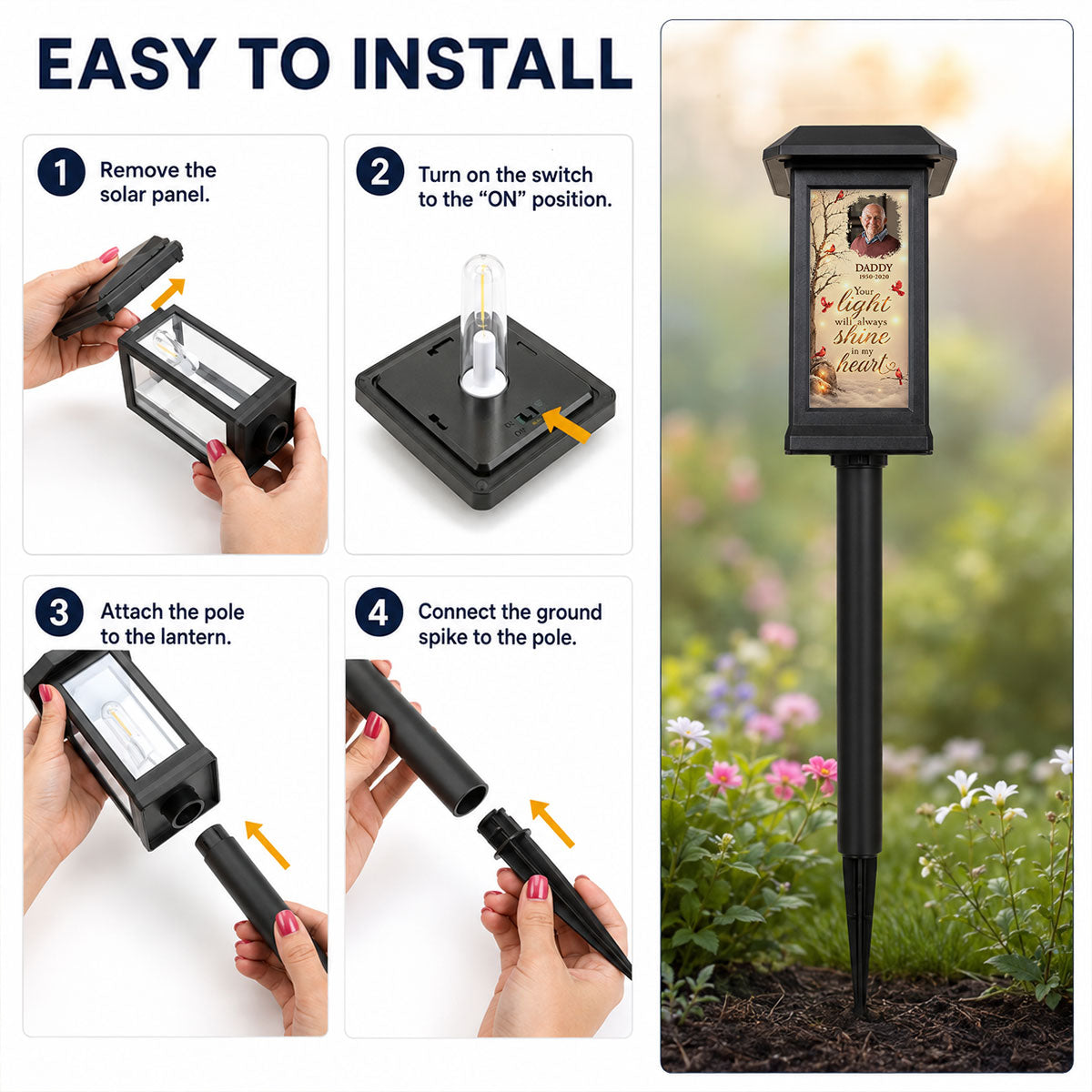 Your Light Will Always Shine in My Heart Cardinal Memorial - Personalized Solar Garden Light - Heartfelt Sympathy Gift for Loved Ones