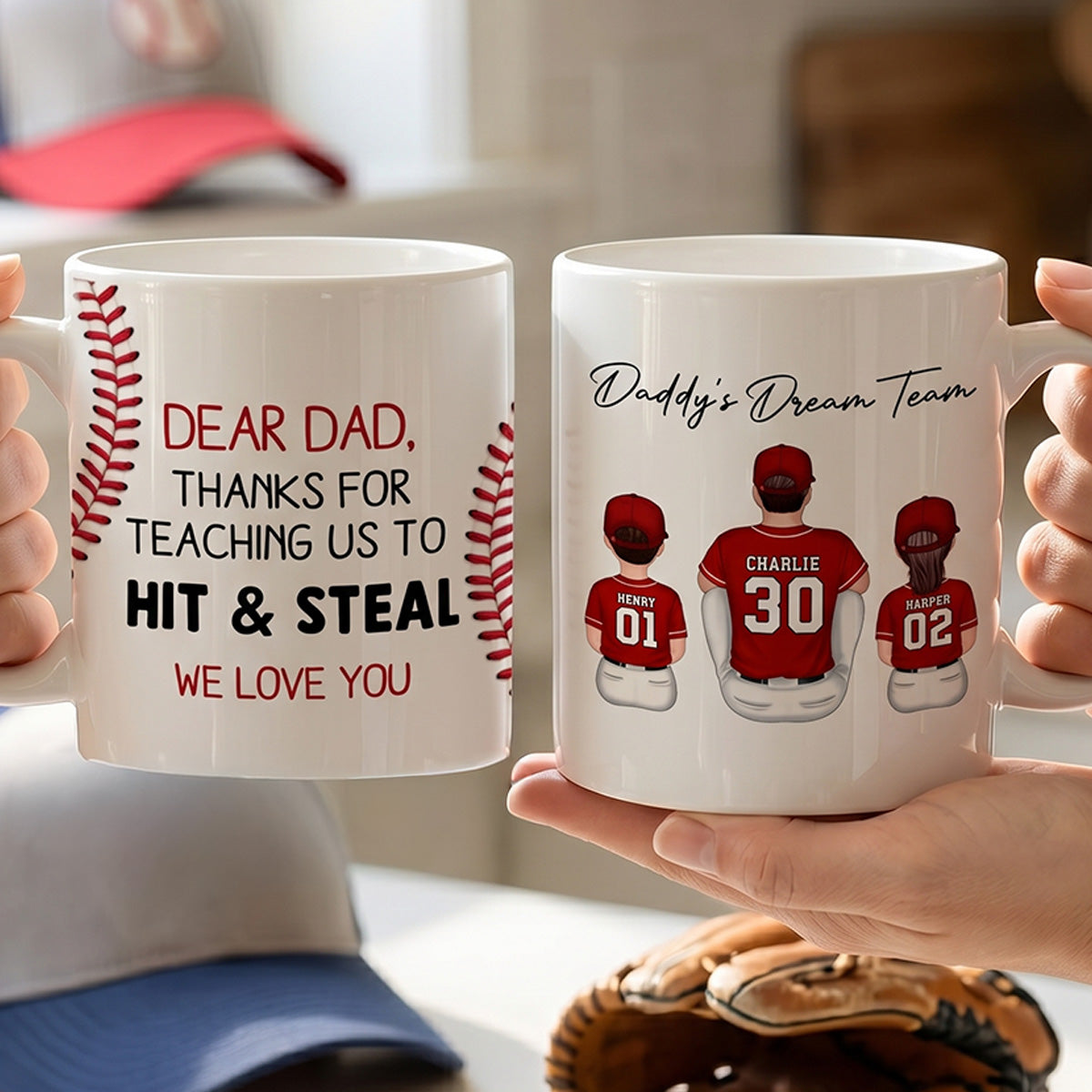 Thank You For Teaching Us To Hit & Steal Back View Baseball Dad & Kids - Personalized Mug - Father's Day Gift For Dad, Husband