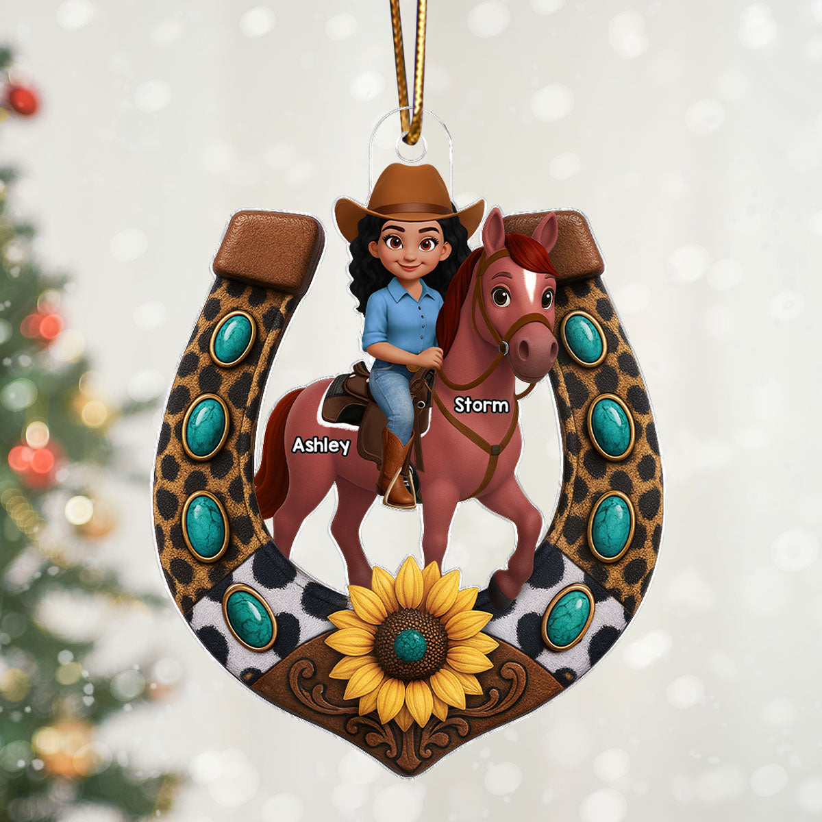 3D Effect Cowgirl And Her Horse Horseshoe - Personalized Acrylic Ornament - Christmas Gift