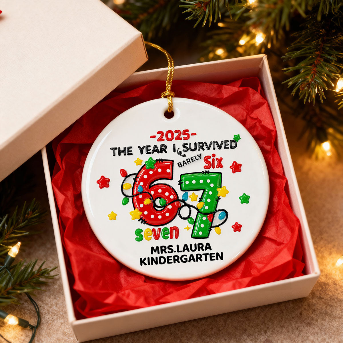 The Year I Barely Survive 67 3D Effect - Personalized Ceramic Ornament - 2025 Slang, Funny Gift For Teacher