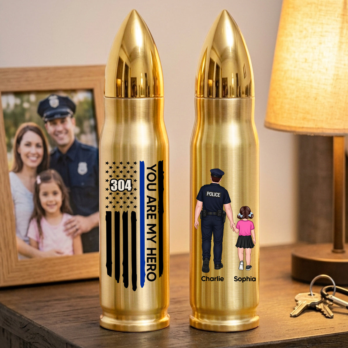 Proud American Police Dad You Are Our Hero Thin Blue Line - Personalized Bullet Tumbler - Father's Day Gift For Dad