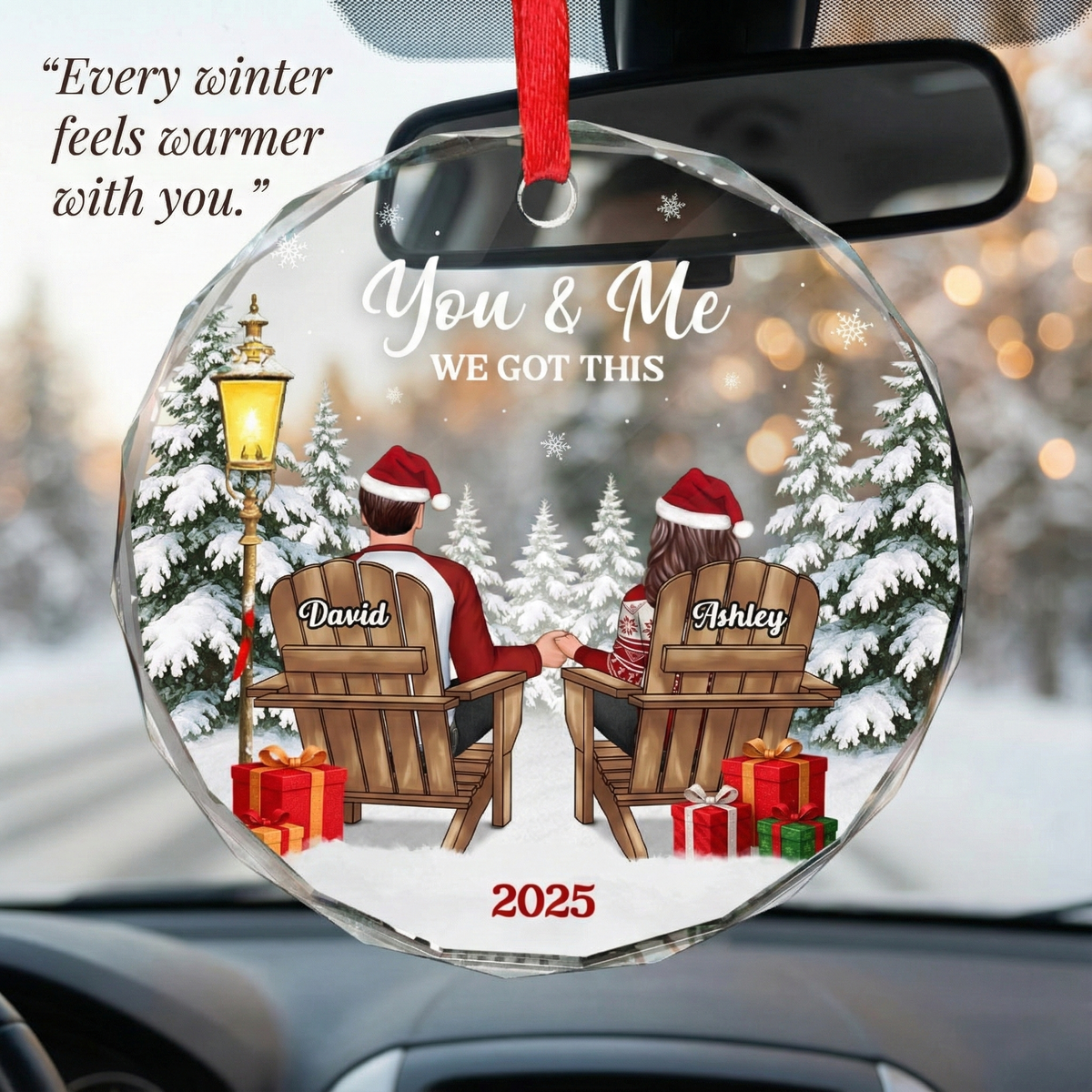 Couple Sitting Winter Landscape - Personalized Glass Ornament - Christmas Gift For Him, For Her, Anniversary Gift