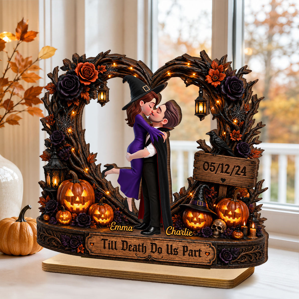 Spooky Couple Heart Till Death Do Us Part - Personalized 2-Layered Wooden Plaque - Halloween Decor Gift, Gift For Couple