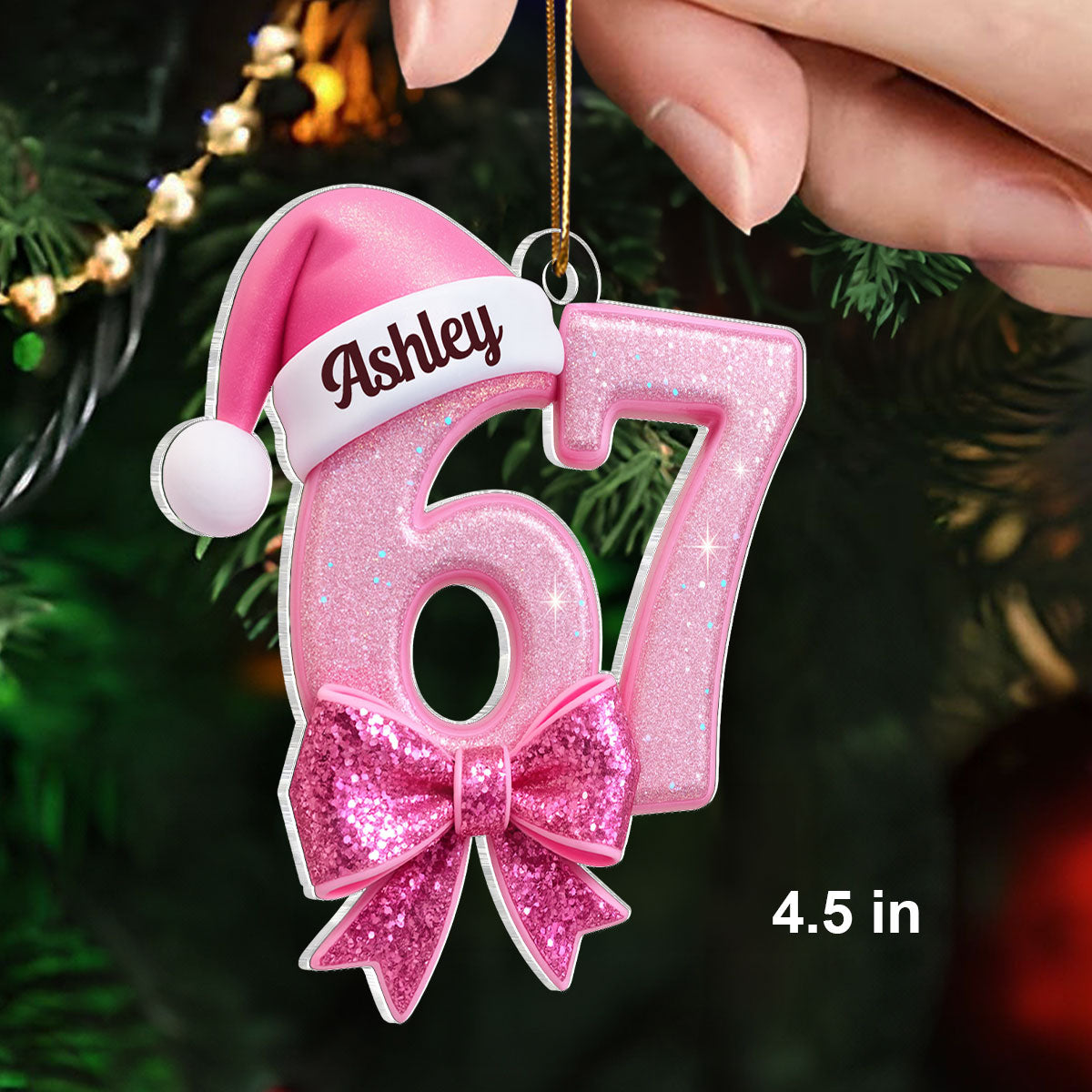 Custom 67 with Pink Croquette Bow - Personalzied Acrylic Ornament - Gift for Kid, Grandkids