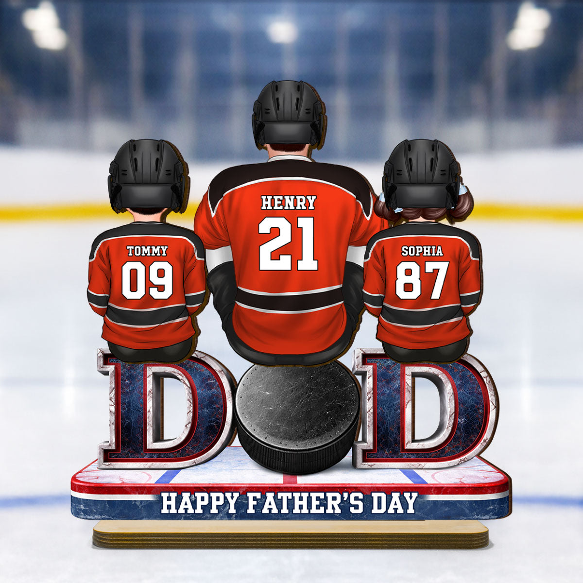 Hockey Dad And Kids Sitting Together - Personalized 2-Layered Wooden Plaque -  Gift, Gift For Hockey Dad, Gift For Husband